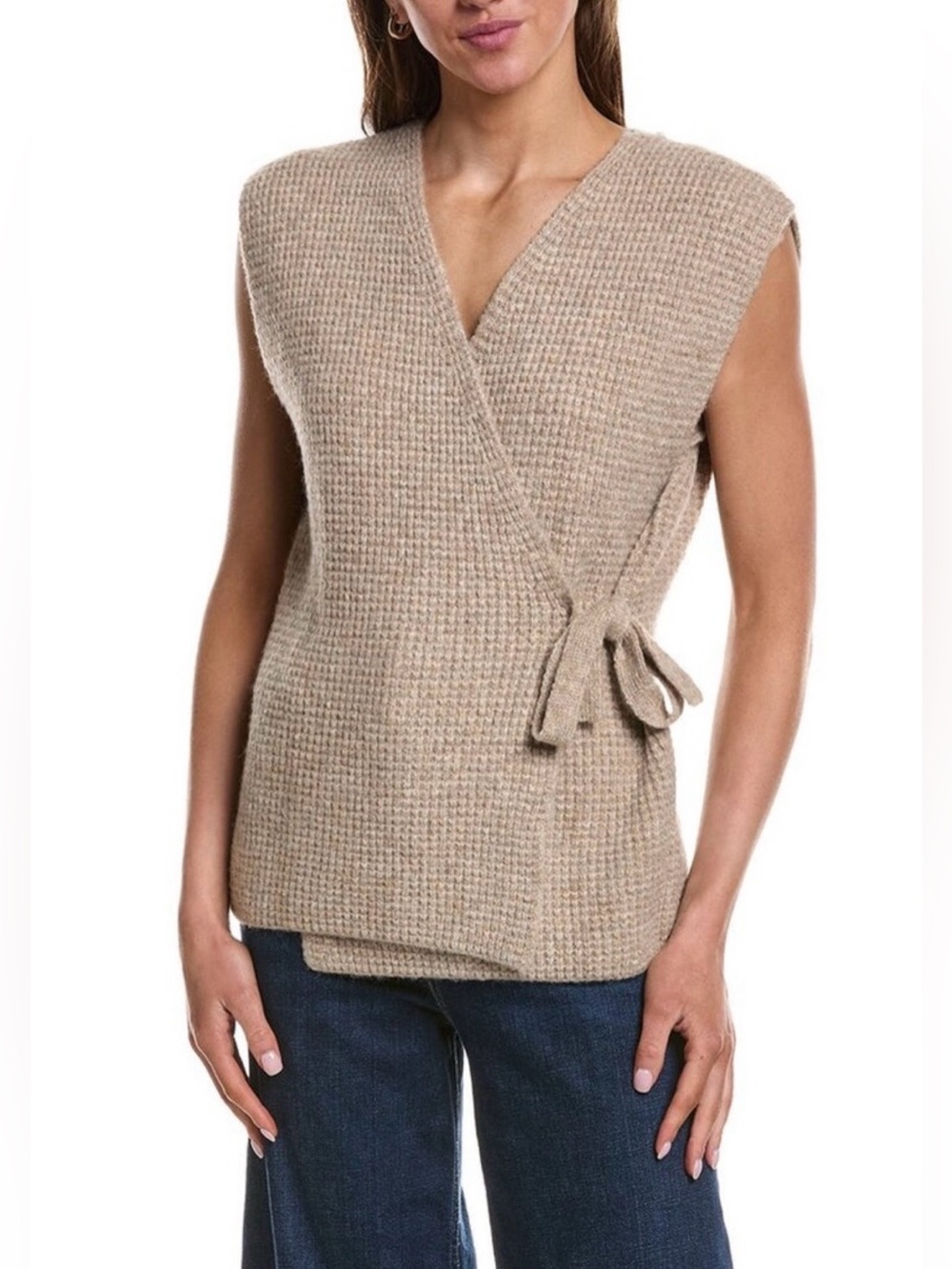 ICHI Sweater Vest V-Neck Soft Cream knit Tie Waist. NWT M/L